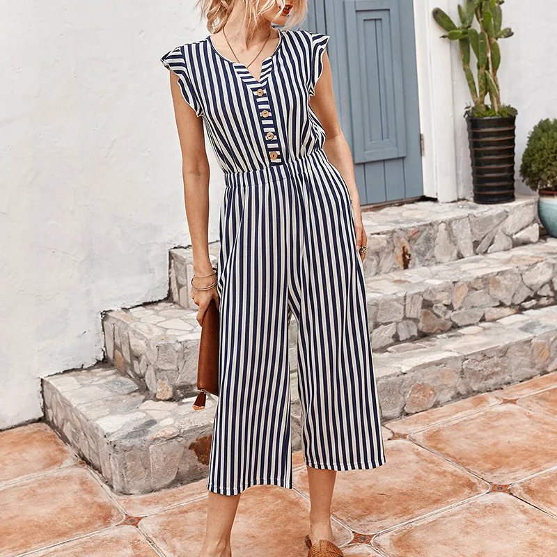 Rompers Women Striped Printed Pocket V-neck Sleeveless Long Wide Leg Pants Overalls Summer High Waist Party Bodycon Jumpsuit
Rompers Women Striped Printed Pocket V-neck Sleeveless Long Wide Leg Pants Overalls Summer High Waist Party Bodycon Jumpsuit