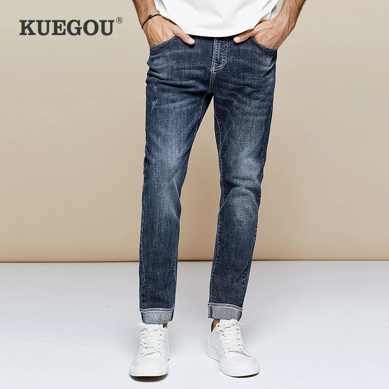 Мужские облегающие джинсы KUEGOU черные с вышитыми буквами уличные в стиле хип хоп