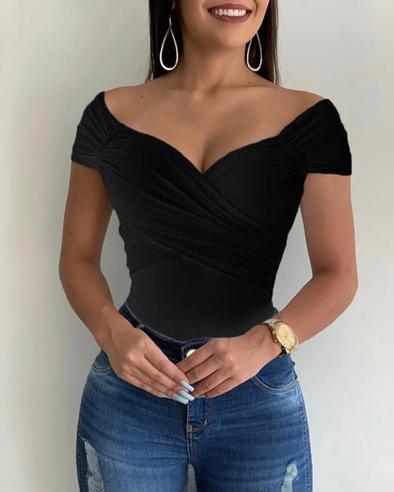 Blouse Women V Neck Shrot Sleeve Shirts Summer Elegant Office Ladies Slim Fit Off Shoulder Solid Color Womens Sexy Tops
Blouse Women V Neck Shrot Sleeve Shirts Summer Elegant Office Ladies Slim Fit Off Shoulder Solid Color Womens Sexy Tops