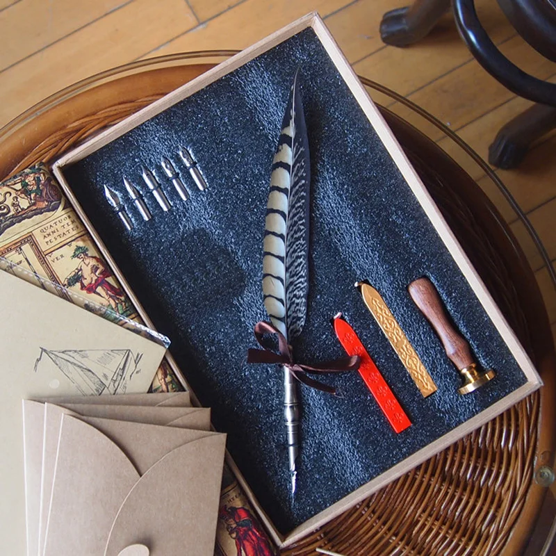 Deluxe Quill Copper Pheasant Feather Pen Set with 5 Nibs Stamper Sea Wax Calligraphy Wedding Gift Sign Dip Pen
Deluxe Quill Copper Pheasant Feather Pen Set with 5 Nibs Stamper Sea Wax Calligraphy Wedding Gift Sign Dip Pen