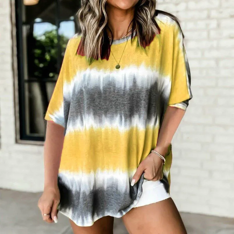 Spring and Summer New Ladies Tie-Dye Printing Fashion Casual T-shirt O-neck Bat Sleeve Half-Sleeve Plus Size Shirt Pullover
Spring and Summer New Ladies Tie-Dye Printing Fashion Casual T-shirt O-neck Bat Sleeve Half-Sleeve Plus Size Shirt Pullover