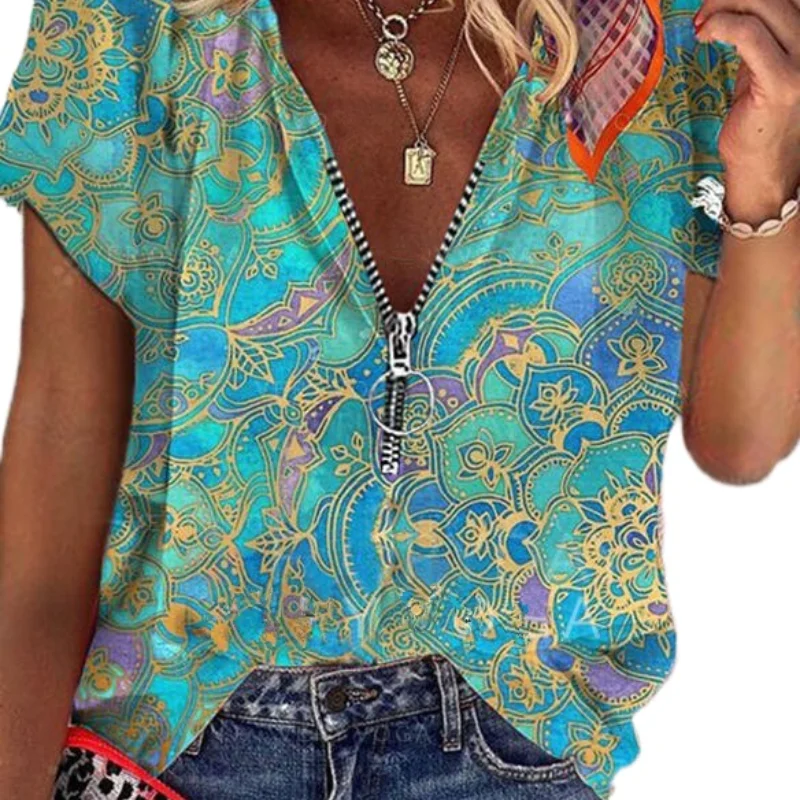 Women's Fashion Loose Casual Floral print short sleeves Vintage Printed Zipper V-neck Plus Size summer shirt tops tshirt
Women's Fashion Loose Casual Floral print short sleeves Vintage Printed Zipper V-neck Plus Size summer shirt tops tshirt
