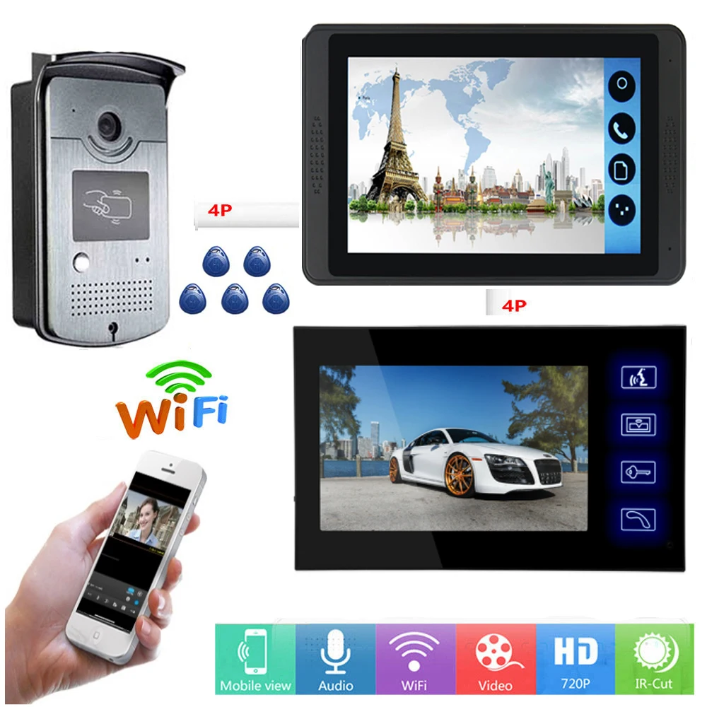

RFID Access Control Video Intercom 7 Inch LCD Wifi Wireless Video Door Phone Doorbell Visual Intercom System APP Remote Unlock