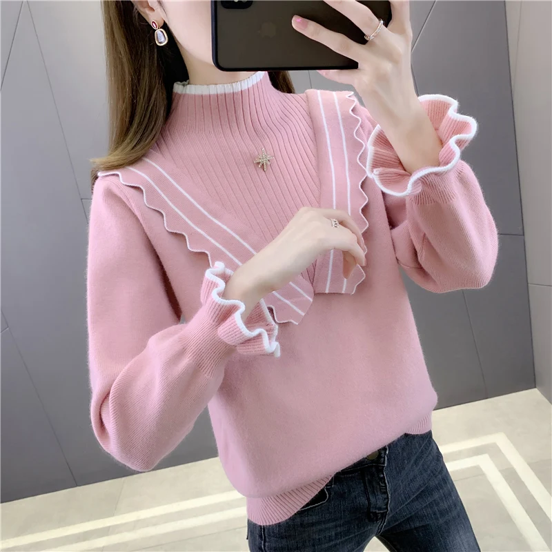 

7832 (zhong 4 row 2) new winter sandwiched color half a turtleneck sweater lotus leaf sleeve piece dress 40