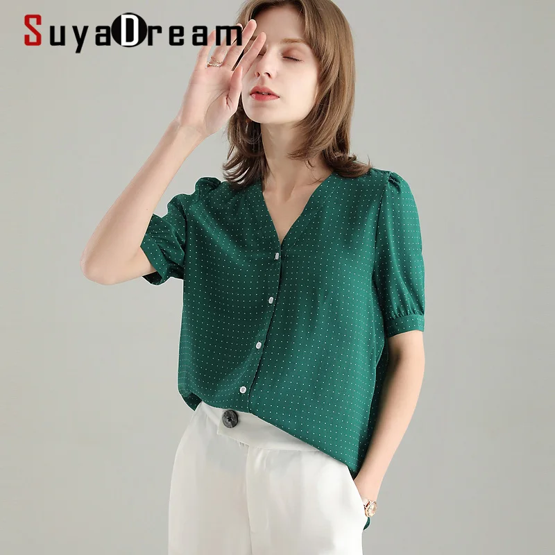SuyaDream Women Dots Printed Silk Shirts 100%Real Silk Crepe Short Sleeved V neck Green Blouses Shirt 2021 Summer Shirt
SuyaDream Women Dots Printed Silk Shirts 100%Real Silk Crepe Short Sleeved V neck Green Blouses Shirt 2021 Summer Shirt