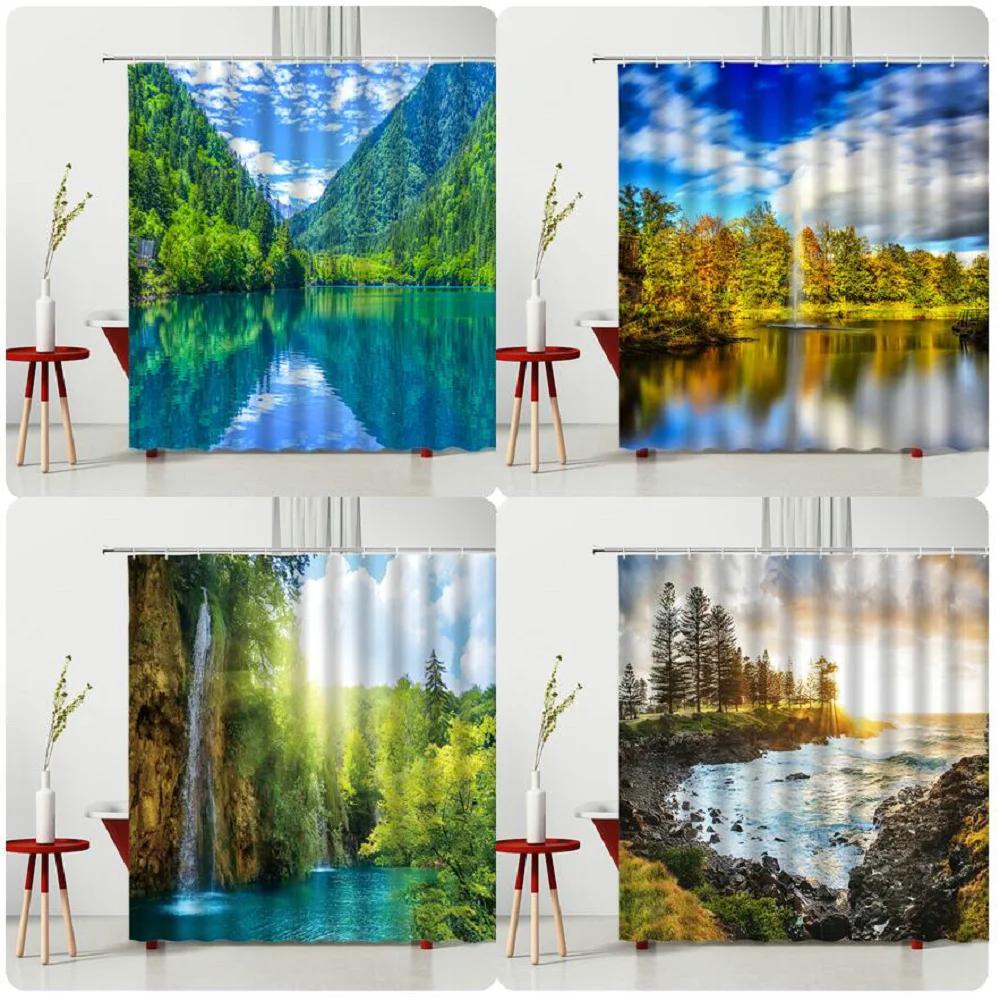 

Spring Landscape Shower Curtain Valley Lake Sunlight Waterproof Polyester Fabric Bedroom Bathroom Decoration Curtains Ready