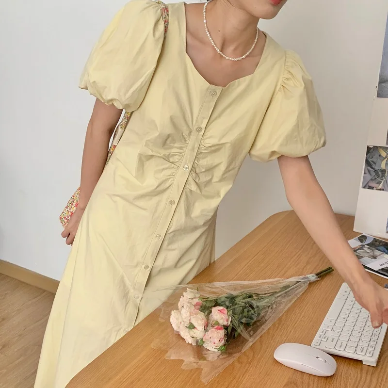 Puff Sleeve Single Breasted Long Dress Women O-Neck Square Collar Pink Sweet Elegant Summer Dress Vintage Slim High Waist
Puff Sleeve Single Breasted Long Dress Women O-Neck Square Collar Pink Sweet Elegant Summer Dress Vintage Slim High Waist