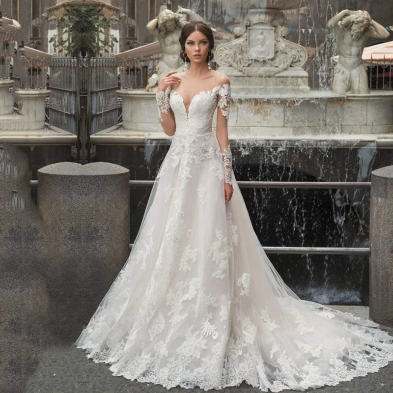 HERBURNL Classic Wedding Dress Long Sleeves Road Shoulder Sheer New Fashion Appliqués Elegant Evening Tulle A-Line Robe de marié
HERBURNL Classic Wedding Dress Long Sleeves Road Shoulder Sheer New Fashion Appliqués Elegant Evening Tulle A-Line Robe de marié