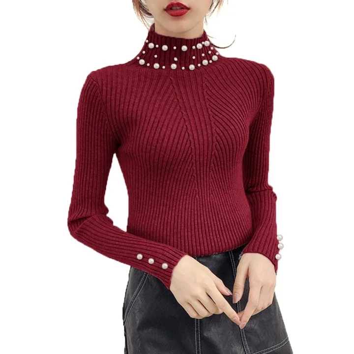 Girls High Collar Long Sleeve Top Slim Pearl Beads Sweater Autumn Winter Knitted Beaded Sweaters Ladies Pullover Hot Knitwear 
Girls High Collar Long Sleeve Top Slim Pearl Beads Sweater Autumn Winter Knitted Beaded Sweaters Ladies Pullover Hot Knitwear
