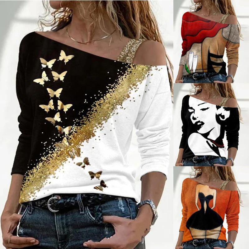 Autumn New Hit Color Printing T-shirt Personality Off-shoulder Long-sleeved Tops Casual Loose Pullover Ladies T-shirt Camiseta
Autumn New Hit Color Printing T-shirt Personality Off-shoulder Long-sleeved Tops Casual Loose Pullover Ladies T-shirt Camiseta