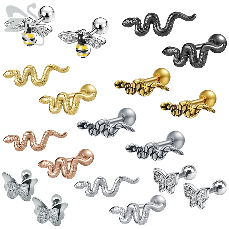 

ZS 2pcs/Lot Punk Bee Snake Stud Earrings For Women Men 316L Stainless Steel Earring Ear Conch Tragus Cartilage Helix Piercing