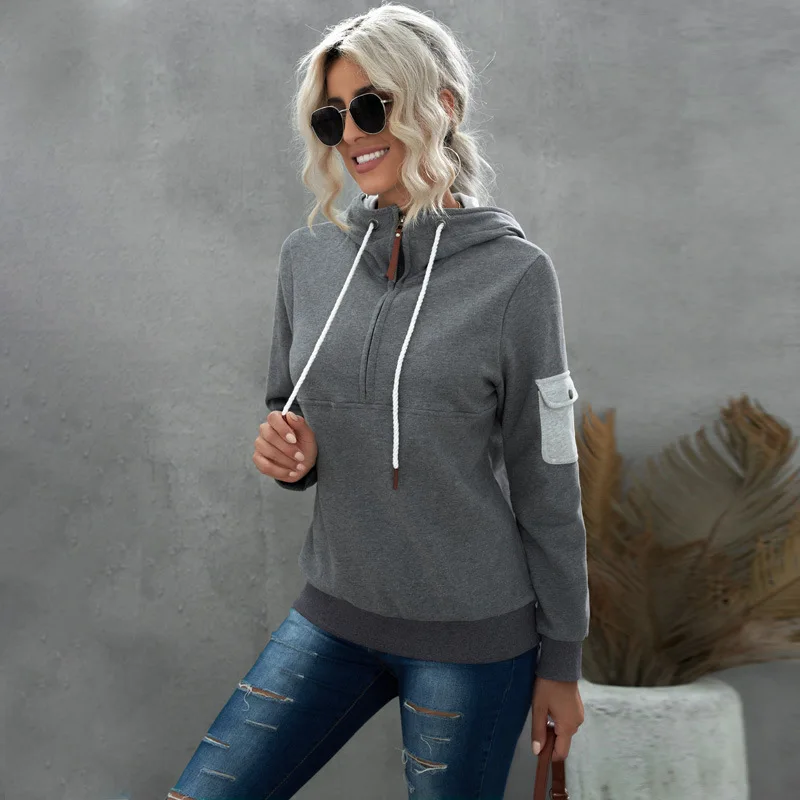 European and American Women's New Autumn Winter Zipper Half Open Long Sleeve Pocket Casual Hooded Top
European and American Women's New Autumn Winter Zipper Half Open Long Sleeve Pocket Casual Hooded Top