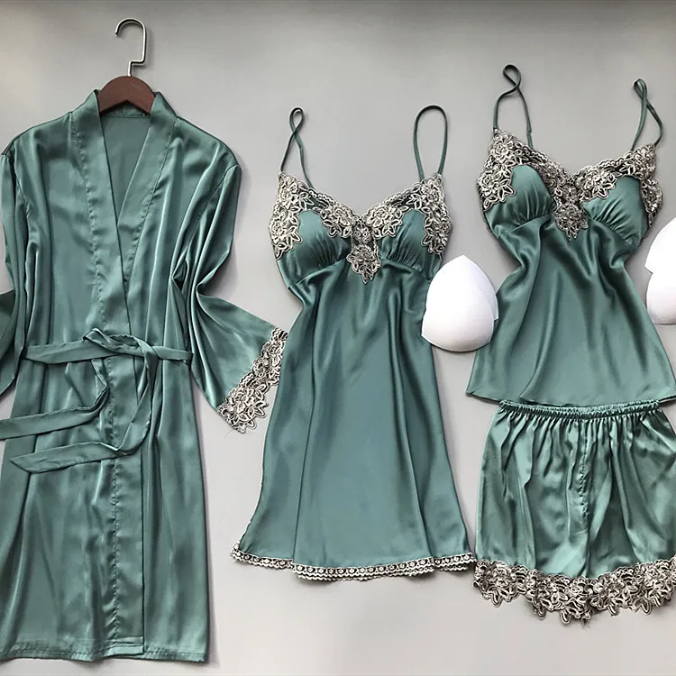 Summer Women 4pcs Pajamas Set Sleepwear Thin Silky Satin With Bra Robe Sling Nightgown Shorts Pijamas Suit Sexy Loose Homewear
Summer Women 4pcs Pajamas Set Sleepwear Thin Silky Satin With Bra Robe Sling Nightgown Shorts Pijamas Suit Sexy Loose Homewear