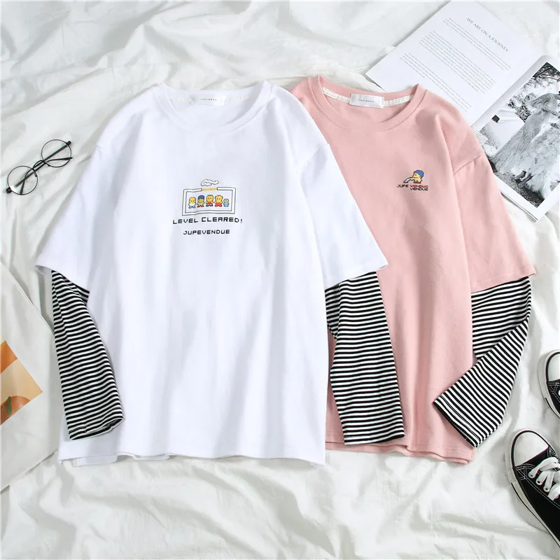 Women Letters Print t-Shirt Harajuku Kawaii Ulzzang Tops Streetwear haut False 2 Pieces Plaid Sleeve friends T shirt Femme
Women Letters Print t-Shirt Harajuku Kawaii Ulzzang Tops Streetwear haut False 2 Pieces Plaid Sleeve friends T shirt Femme