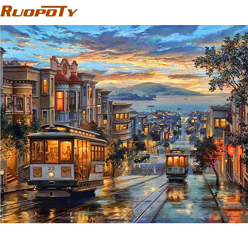 Картина маслом по номерам RUOPOTY в раме города ночной автобус сделай сам пейзаж