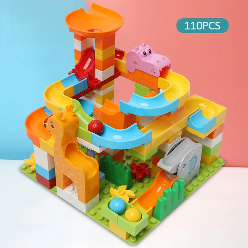 Marble Race Run Slide DIY Compatible Duploe Big Size Building Blocks Animal Figures Funnel Maze Balls Bricks Toys for Children | Игрушки и