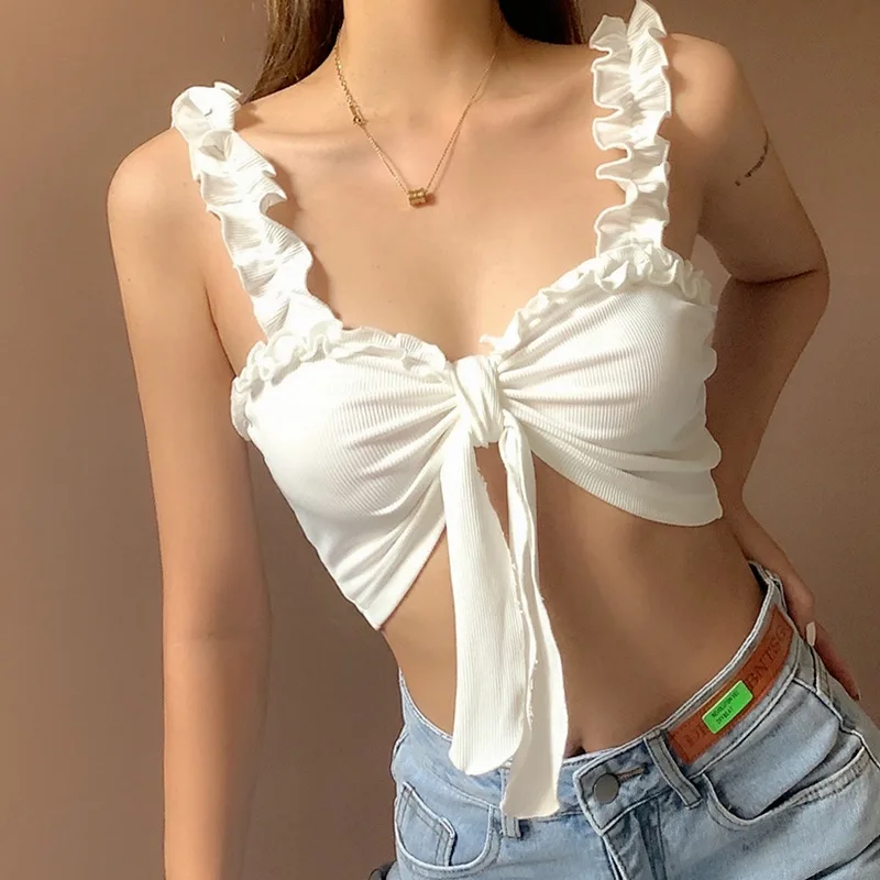 Summer New Sweet Strappy Bow Tie Thin Strap Sexy Square Neck Ultra Short Ruffled Camisole Female Crop Top Women 2021 Halter Top
Summer New Sweet Strappy Bow Tie Thin Strap Sexy Square Neck Ultra Short Ruffled Camisole Female Crop Top Women 2021 Halter Top