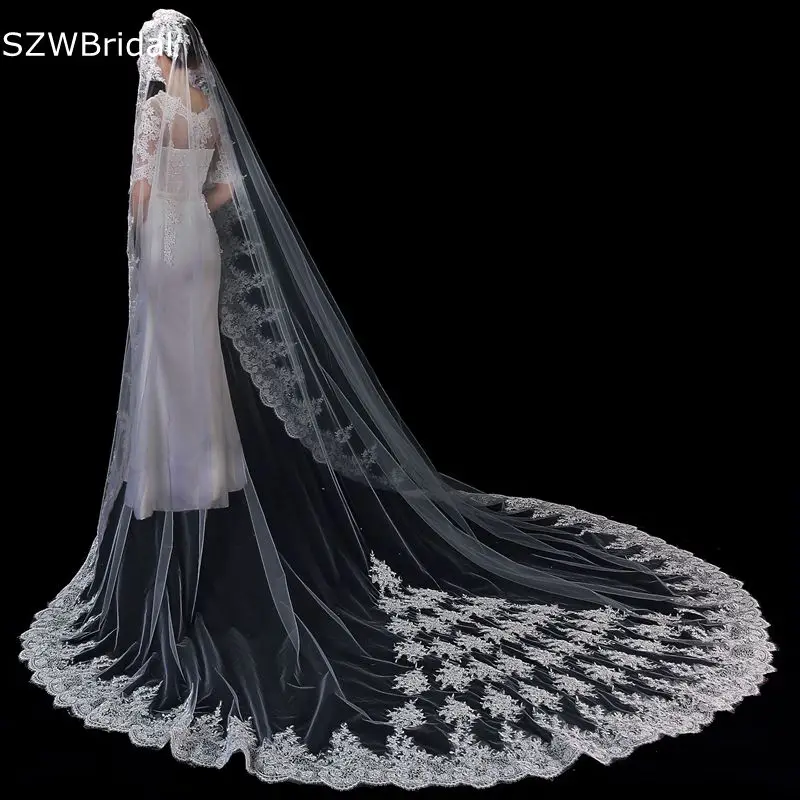 

New Arrival White Ivory Wedding veils Lace Applique Cathedral Bridal veil Veu de noiva Voile mariage Wedding accessories Slub