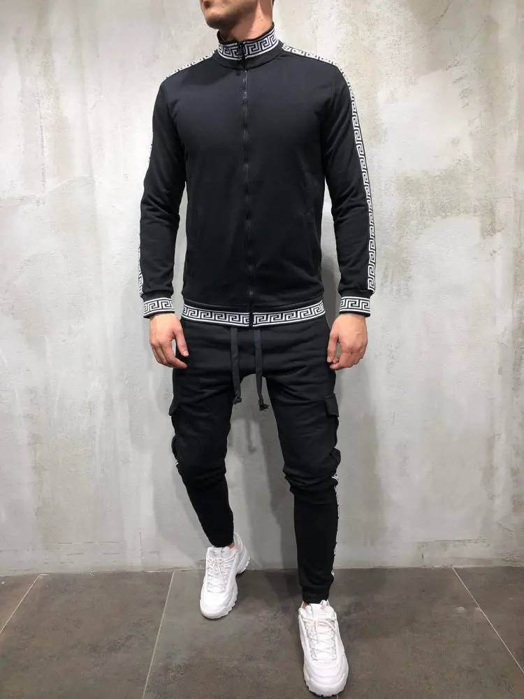 Homens treino Outono Gradiente Ziper impresssano Camisola Топ calchas Conjuntos Esporte Terno|Мужские спортивные костюмы|