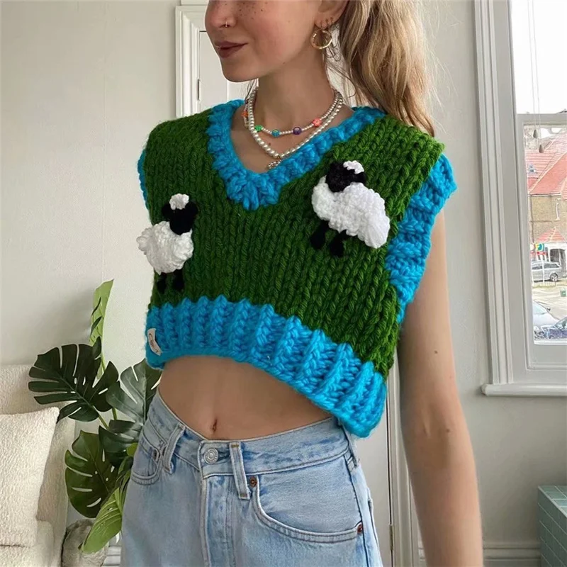 

Girls Y2K Green Patchwork Knitted Short Vest 2021 Autumn Cute V Neck Cropped Knitwear Female Crochet Vests Indie Lamb Pattern