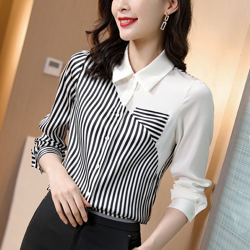 Spring Autumn Real Silk Women's Casual Shirt Elegant Turn-down Collar Long Sleeve Striped Patchwork Office Lady Satin Blouse
Spring Autumn Real Silk Women's Casual Shirt Elegant Turn-down Collar Long Sleeve Striped Patchwork Office Lady Satin Blouse