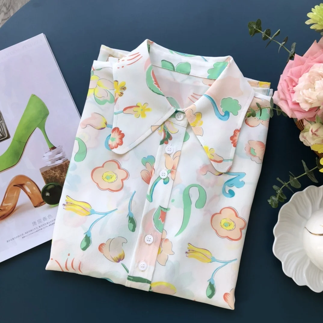 100% Silk Women's Blouse 2021 New Floral Print Ladies Long Sleeve Sweet Shirt Female Single-Breasted Soft Tops
100% Silk Women's Blouse 2021 New Floral Print Ladies Long Sleeve Sweet Shirt Female Single-Breasted Soft Tops