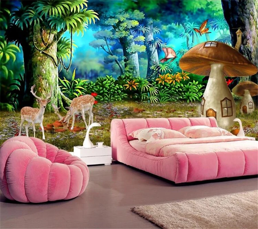 

BEIBEHANG Wallpaper Custom Wallpaper Mural Beautiful Fantasy Forest Mushroom Sika Deer Fashion Background Wall