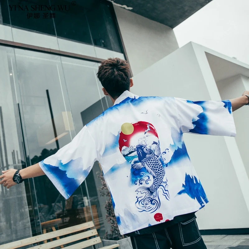 Streetwear Style Fish Print Cardigan Cape Haori Kimono Jacket Japanese Harajuku Women Men White Blue Traditional Top Beach Coat
Streetwear Style Fish Print Cardigan Cape Haori Kimono Jacket Japanese Harajuku Women Men White Blue Traditional Top Beach Coat