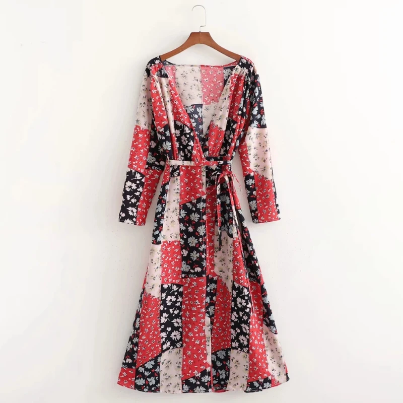 Summer Women Patchwork Print Cross V Neck Wrap Midi Dress Female Long Sleeve Clothes Casual Lady Loose Vestido D7739
Summer Women Patchwork Print Cross V Neck Wrap Midi Dress Female Long Sleeve Clothes Casual Lady Loose Vestido D7739