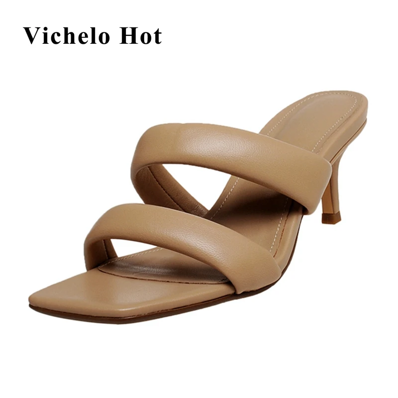 

Vichelo Hot 2021 big size comfortable outside slippers concise elegant mules peep toe slingback slip on summer shoes women L85