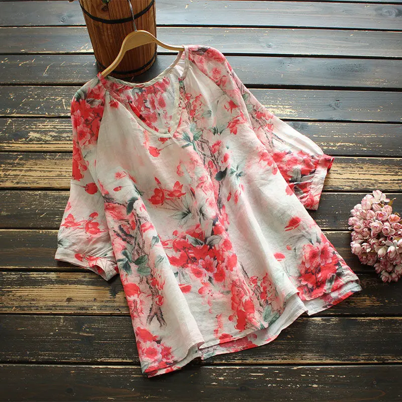 Summer New Style Women's Blouse Literary Shirt Loose Short-sleeved V-neck Printed Pullover Shirt Women Shirts Blouses Tops
Summer New Style Women's Blouse Literary Shirt Loose Short-sleeved V-neck Printed Pullover Shirt Women Shirts Blouses Tops