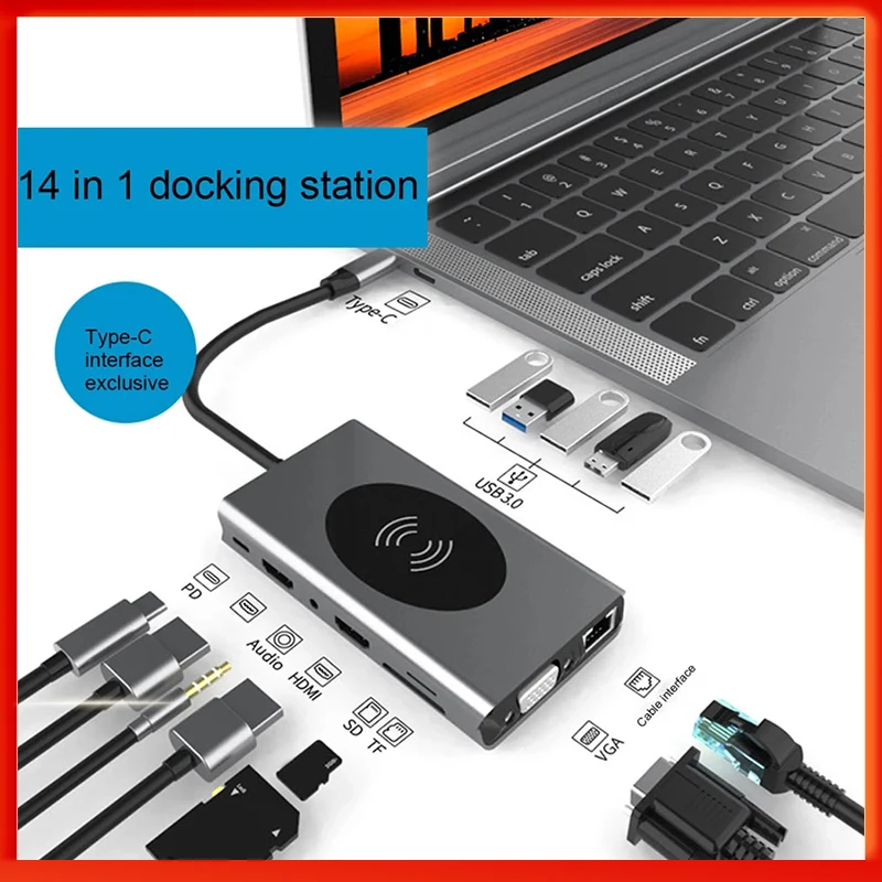 14 in 1 USB C HUB to 2 HDTV Adapter with 5*USB PD3.0 Gigabit Ethernet VGA 3.5mm Audio SD/TF Wireless Charger type-c hub Adapter
14 in 1 USB C HUB to 2 HDTV Adapter with 5*USB PD3.0 Gigabit Ethernet VGA 3.5mm Audio SD/TF Wireless Charger type-c hub Adapter