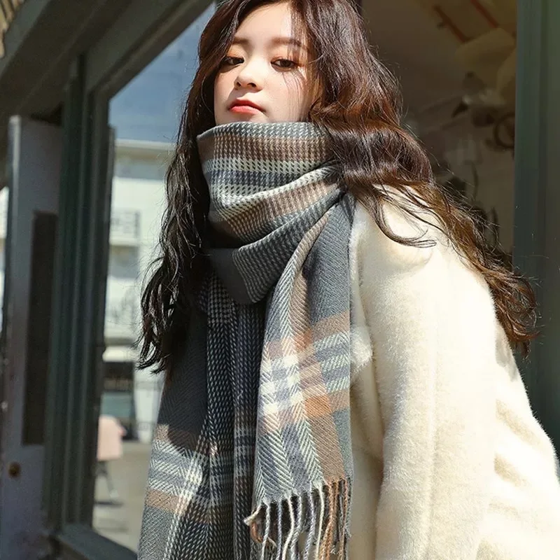 

Женский зимний шарф, клетчатый шарф, толстая теплая мягкая длинная шаль с кисточками, Дамская шаль, Осенний теплый женский шарф