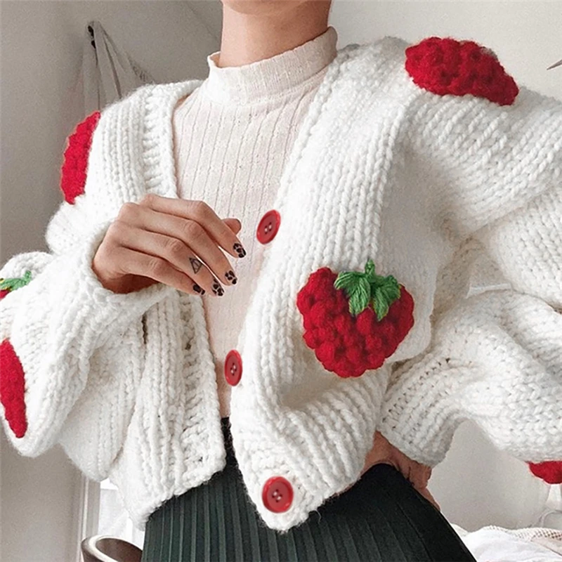 

Women's Strawberry Knit Cardigan Puff Sleeve Button Down Cropped Sweater Oversized V Neck Knitted Outwear Top