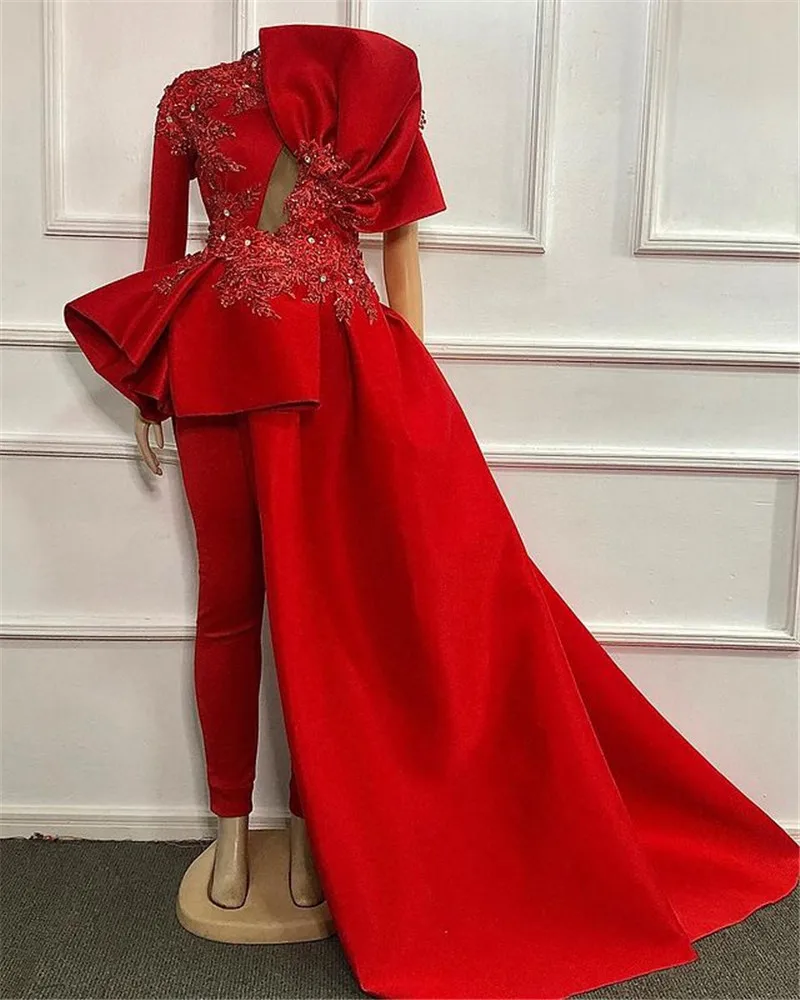 2021 Jumpsuits Arabic Red Prom Dresses With Train Long Sleeve High Neck Lace Appliqued Beads Formal Evening Gowns Pant Suits
2021 Jumpsuits Arabic Red Prom Dresses With Train Long Sleeve High Neck Lace Appliqued Beads Formal Evening Gowns Pant Suits