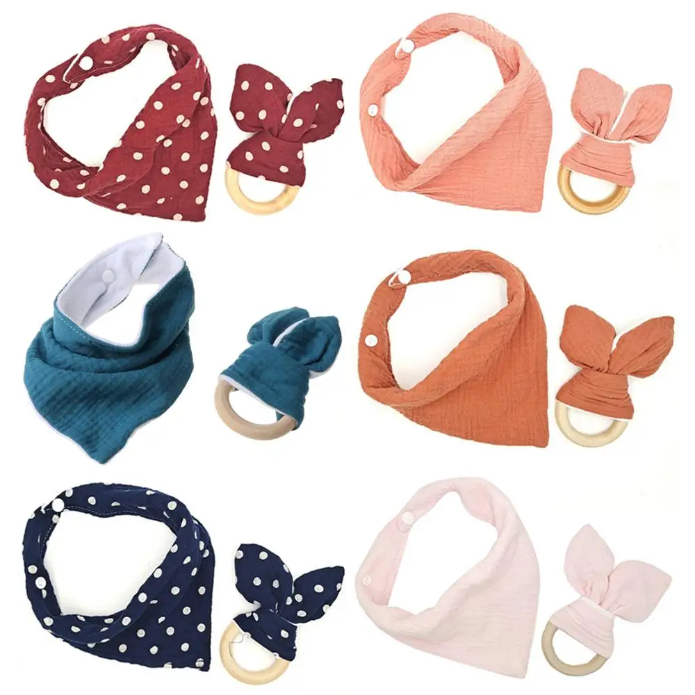 

2Pcs Baby Cotton Bib Wood Ring Pacifier Teether Set Snap Button Triangle Scarf Infant Feeding Saliva Towel Soother Molar Toys