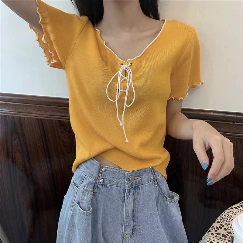 Summer New Fashion Women V-neck Knitted Harajuku Short Sleeve Y2k Sweet Bandage Tops Kawaii Cute Casual Korean Tee Shirt Crop
Summer New Fashion Women V-neck Knitted Harajuku Short Sleeve Y2k Sweet Bandage Tops Kawaii Cute Casual Korean Tee Shirt Crop