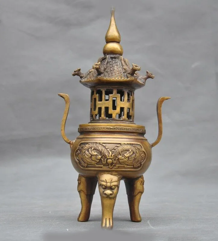 wedding decoration 10"old China Buddhism bronze Dragon pavilion Incense Burner censer Tower Stupa
wedding decoration 10"old China Buddhism bronze Dragon pavilion Incense Burner censer Tower Stupa