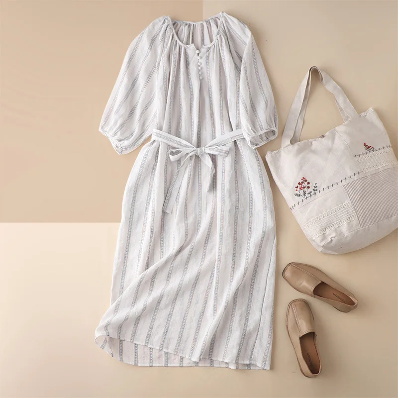 SHUCHAN Vintage Linen Sashes Ankle-Length Long Dress Summer 2021 O-Neck Vestido Midi Elegante Summer Striped Loose
SHUCHAN Vintage Linen Sashes Ankle-Length Long Dress Summer 2021 O-Neck Vestido Midi Elegante Summer Striped Loose