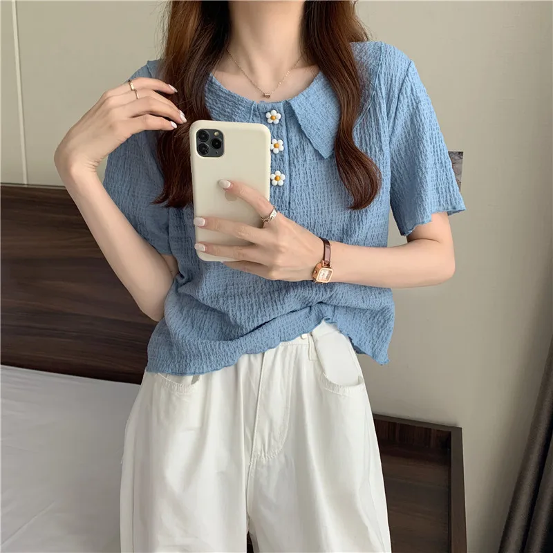 short sleeve shirt 2021 new summer design feeling baby Korea female collar T-shirt chic chic brief paragraph coat
short sleeve shirt 2021 new summer design feeling baby Korea female collar T-shirt chic chic brief paragraph coat
