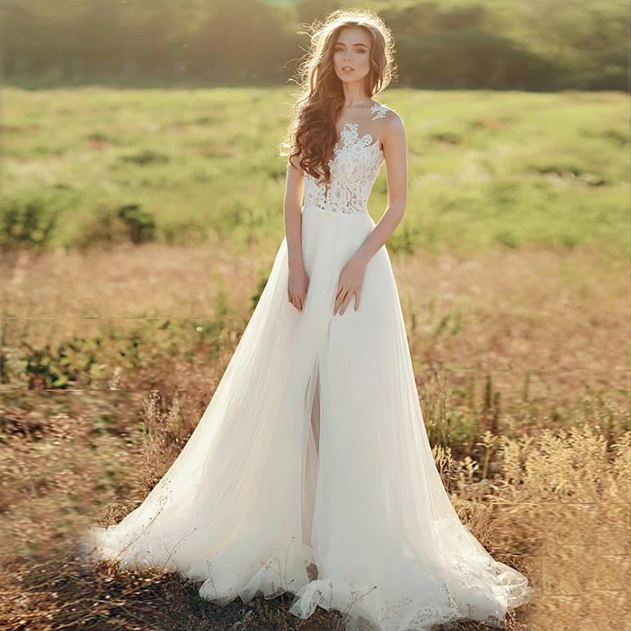 Delicate Tulle Scoop Neckline A-line Wedding Dresses Front Slit Illusion Tulle Bridal Dress robe de mariee princesse de luxe
Delicate Tulle Scoop Neckline A-line Wedding Dresses Front Slit Illusion Tulle Bridal Dress robe de mariee princesse de luxe