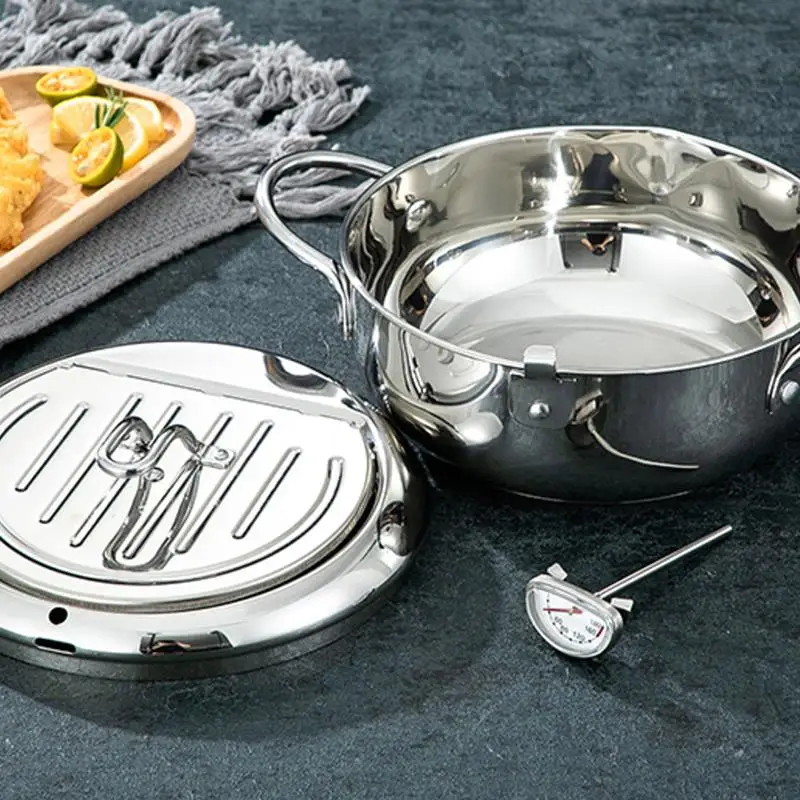 Japanese Deep Frying Pot With A Thermometer And Lid 304 Stainless Steel Kitchen Tempura Fryer Pan | Дом и сад