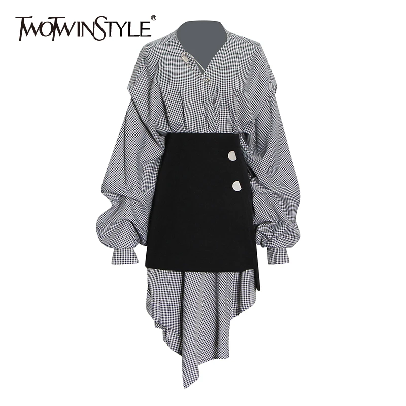 TWOTWINSTYLE Plaid Set For Women V Neck Long Sleeve Lace Up Top With Black Mini Skirt Colorblock Sets Female 2021 Autumn Clothes
TWOTWINSTYLE Plaid Set For Women V Neck Long Sleeve Lace Up Top With Black Mini Skirt Colorblock Sets Female 2021 Autumn Clothes
