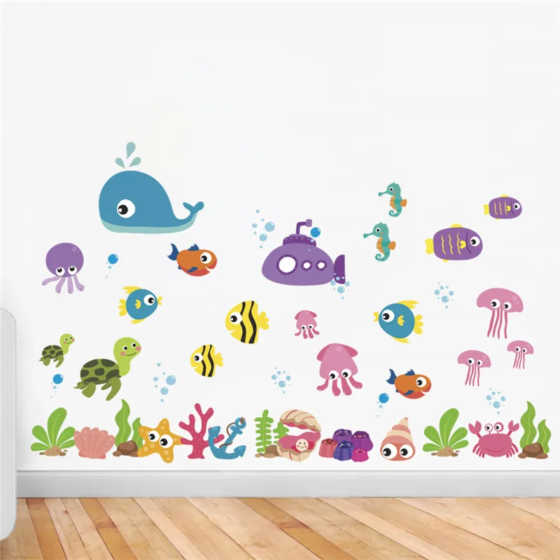 

Whale Fish Sealife Wall Stickers For Kids Room Bathroom Glass Decoration Cartoon Animal Sea World Mural Art Diy Pvc Home Decal