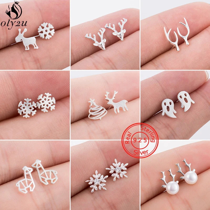 

Fashion Deer Horn Earings 925 Sterling Silver Small Snowflake Stud Earrings for Women Girls Christmas Jewelry Ghost Studs Gift