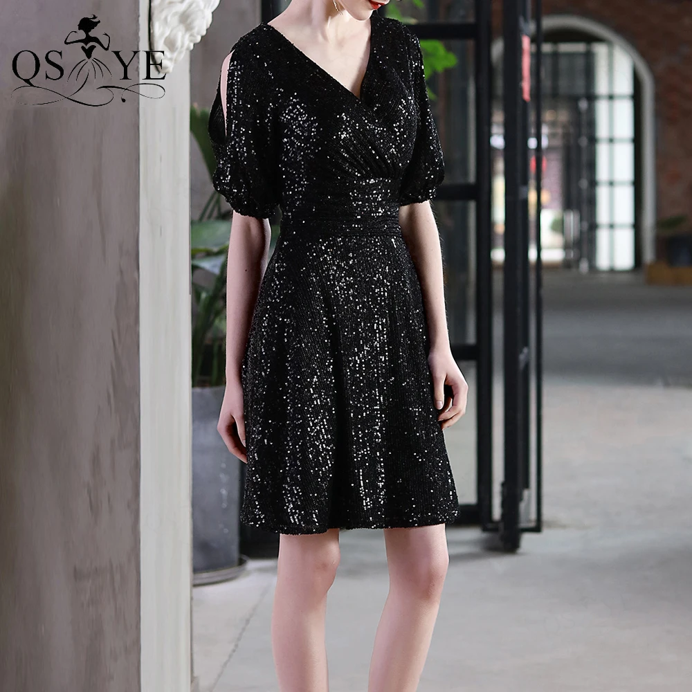 Short Black Sequin Prom Dress Long Sleeves Mini Evening Gown V Neck Party Formal Gown Ruched Stretch Women New Short Dress 
Short Black Sequin Prom Dress Long Sleeves Mini Evening Gown V Neck Party Formal Gown Ruched Stretch Women New Short Dress