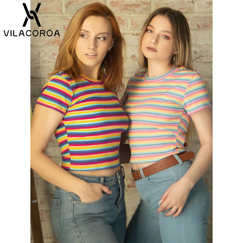 Harajuku O Neck Rainbow Striped Women's T-Shirts Street Color Stitching Stretch Short Sleeve Tee Tops Female Cotton Crop Tops
Harajuku O Neck Rainbow Striped Women's T-Shirts Street Color Stitching Stretch Short Sleeve Tee Tops Female Cotton Crop Tops