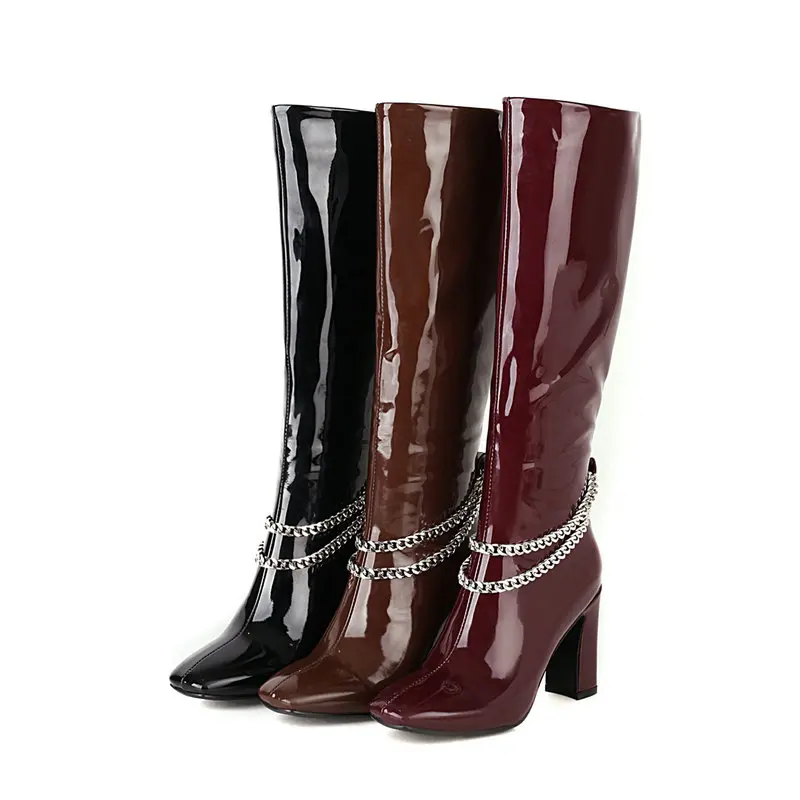 Black Red Brown 2021 Patent PU Leather Women Knee High Boots Fashion Chain Square Toe Women Thick Heel Boots Short Plush Boots
Black Red Brown 2021 Patent PU Leather Women Knee High Boots Fashion Chain Square Toe Women Thick Heel Boots Short Plush Boots