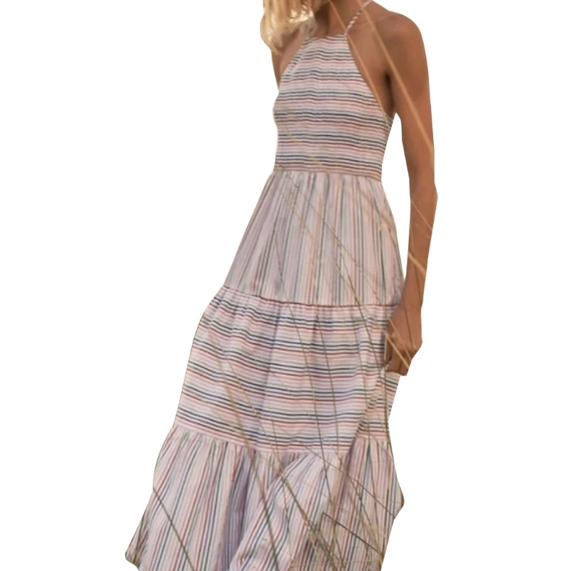 Women Summer Boho Halter Striped Print Midi Dress Sleeveless Elegant Ruched Sexy Backless High Waist Swing Sundress
Women Summer Boho Halter Striped Print Midi Dress Sleeveless Elegant Ruched Sexy Backless High Waist Swing Sundress
