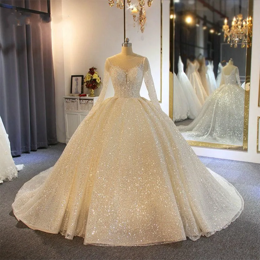 Сверкающие Свадебные и Бальные платья Воротник Sheer Jewel аппликация из пайеток